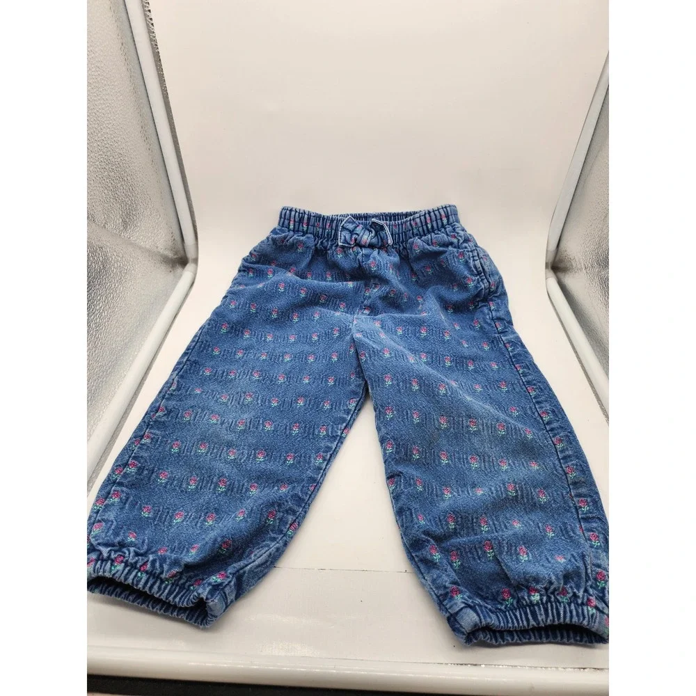 Vintage OshKosh Bgosh Floral Embroidered Denim Pants Blue Rose Elastic Waist